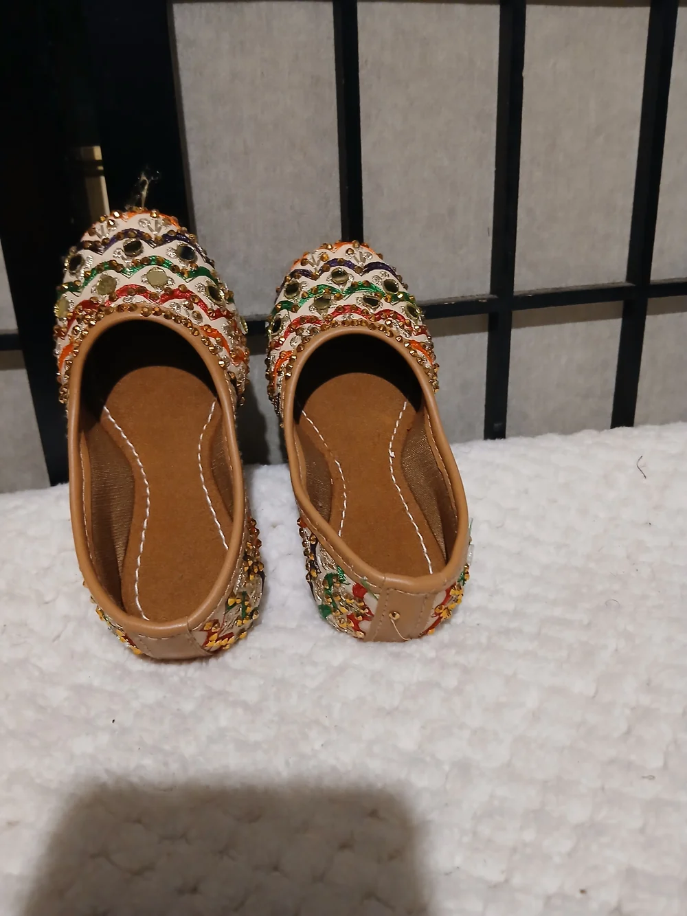 Embellished Kids Jutti Flats in Tan with Multicolor Accents